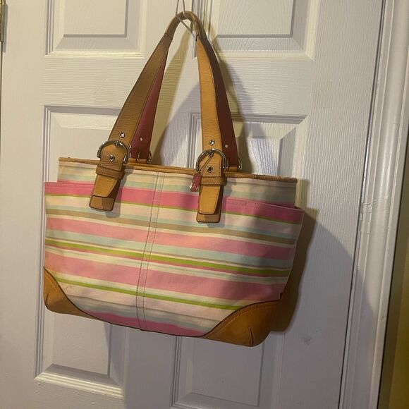 Coach Hampton fabric strips multi color Baby/tote bag,tan leather straps & trims